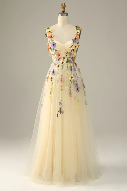 Sweetheart Spaghetti Straps  Lilac Champagne Tulle Prom Dress With 3D Flowers