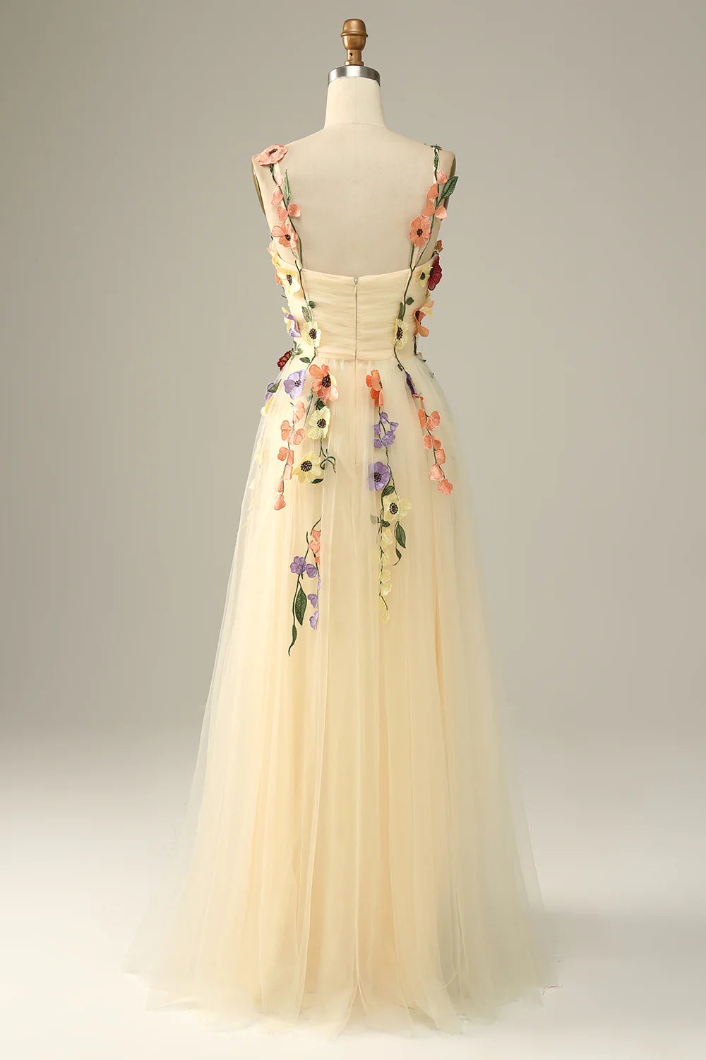 Sweetheart Spaghetti Straps  Lilac Champagne Tulle Prom Dress With 3D Flowers