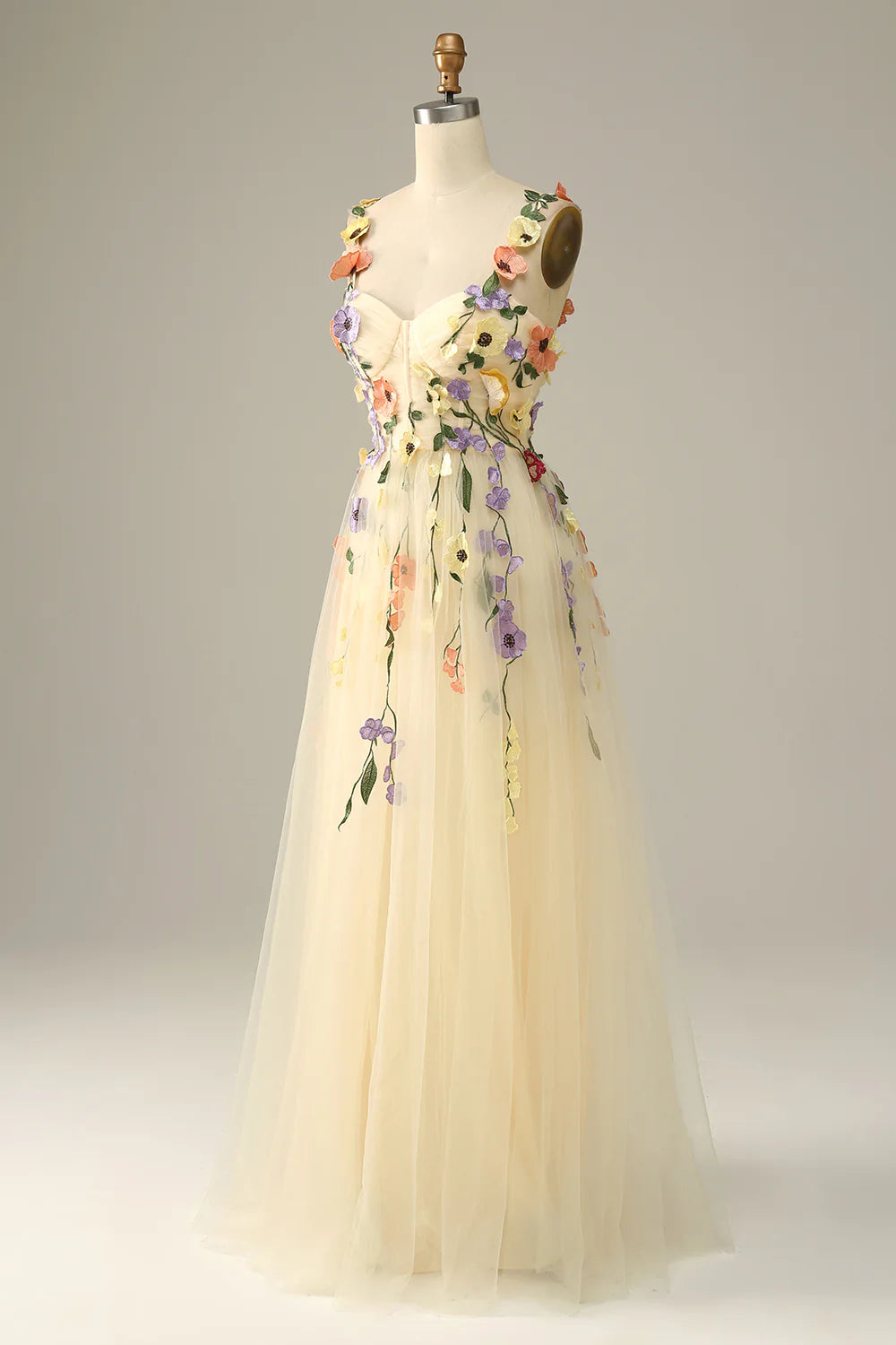 Sweetheart Spaghetti Straps  Lilac Champagne Tulle Prom Dress With 3D Flowers