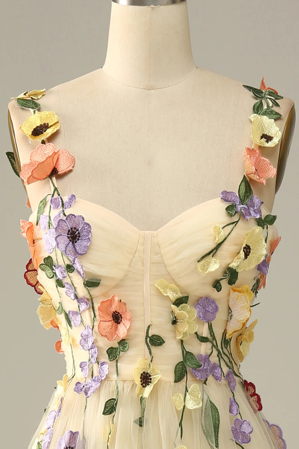 Sweetheart Spaghetti Straps  Lilac Champagne Tulle Prom Dress With 3D Flowers