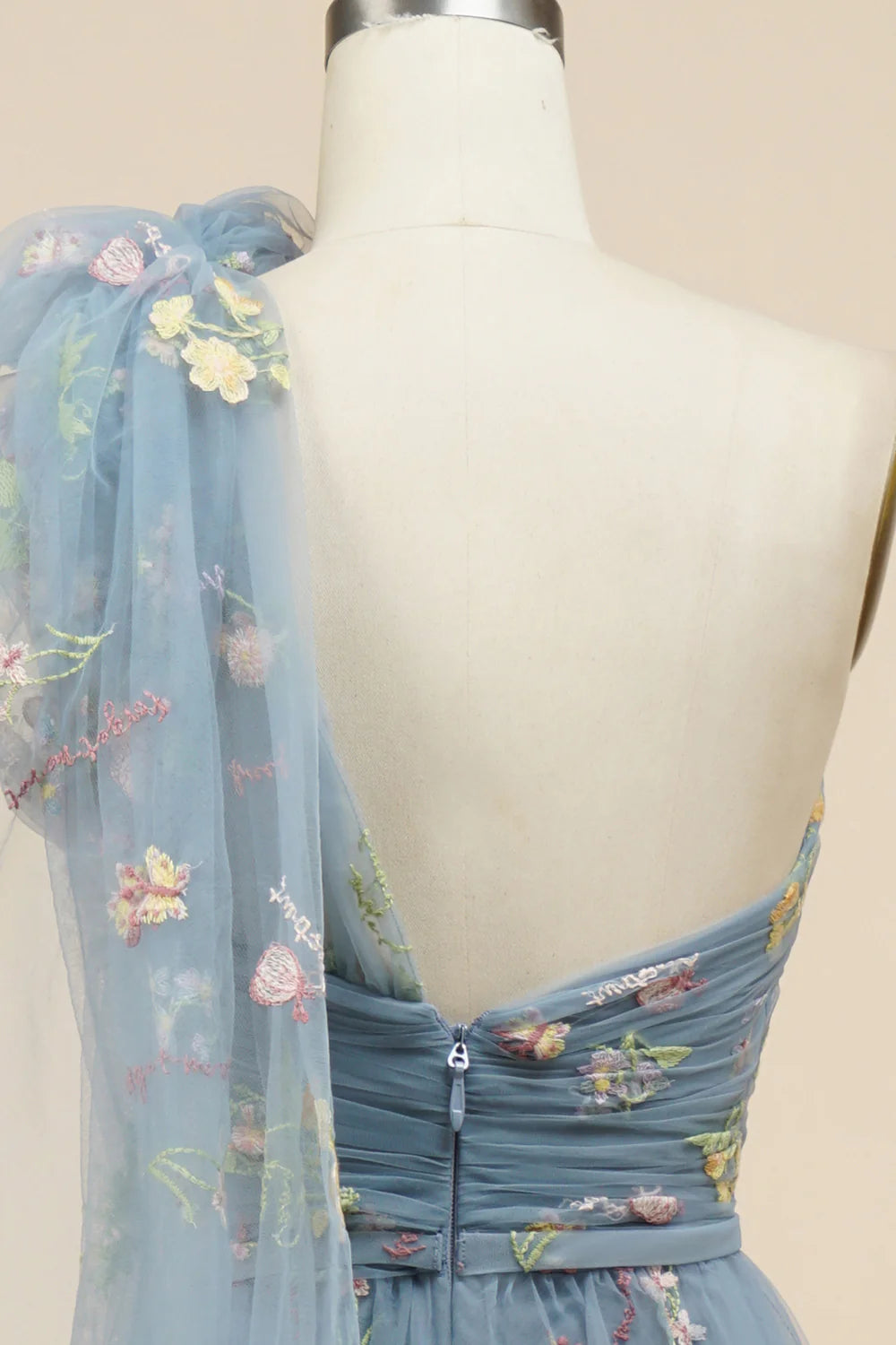 A-Line One Shoulder Grey Blue Long Prom Dress With Embroidery