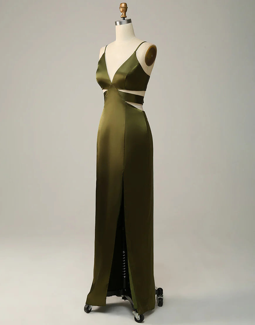 Olive Long Spaghetti Straps Cut Out Bridesmaid Dress with Slit