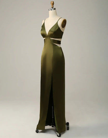 Olive Long Spaghetti Straps Cut Out Bridesmaid Dress with Slit