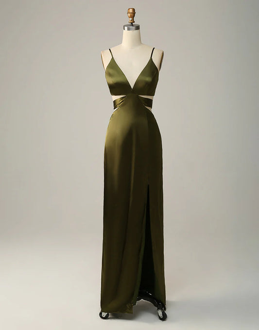 Olive Long Spaghetti Straps Cut Out Bridesmaid Dress with Slit