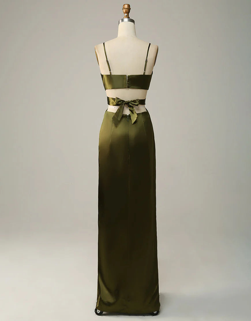 Olive Long Spaghetti Straps Cut Out Bridesmaid Dress with Slit