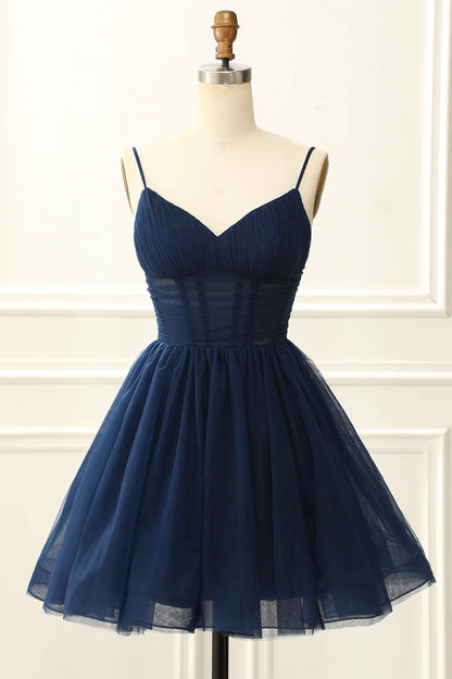 A Line Spaghetti Straps Tulle Corset Navy Homecoming Dresses