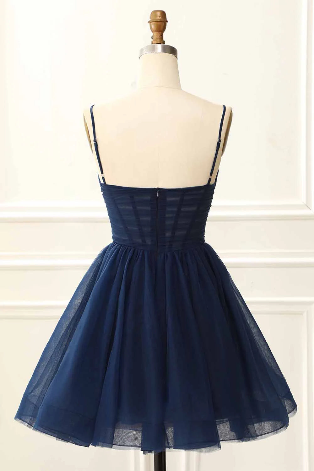 A Line Spaghetti Straps Tulle Corset Navy Homecoming Dresses