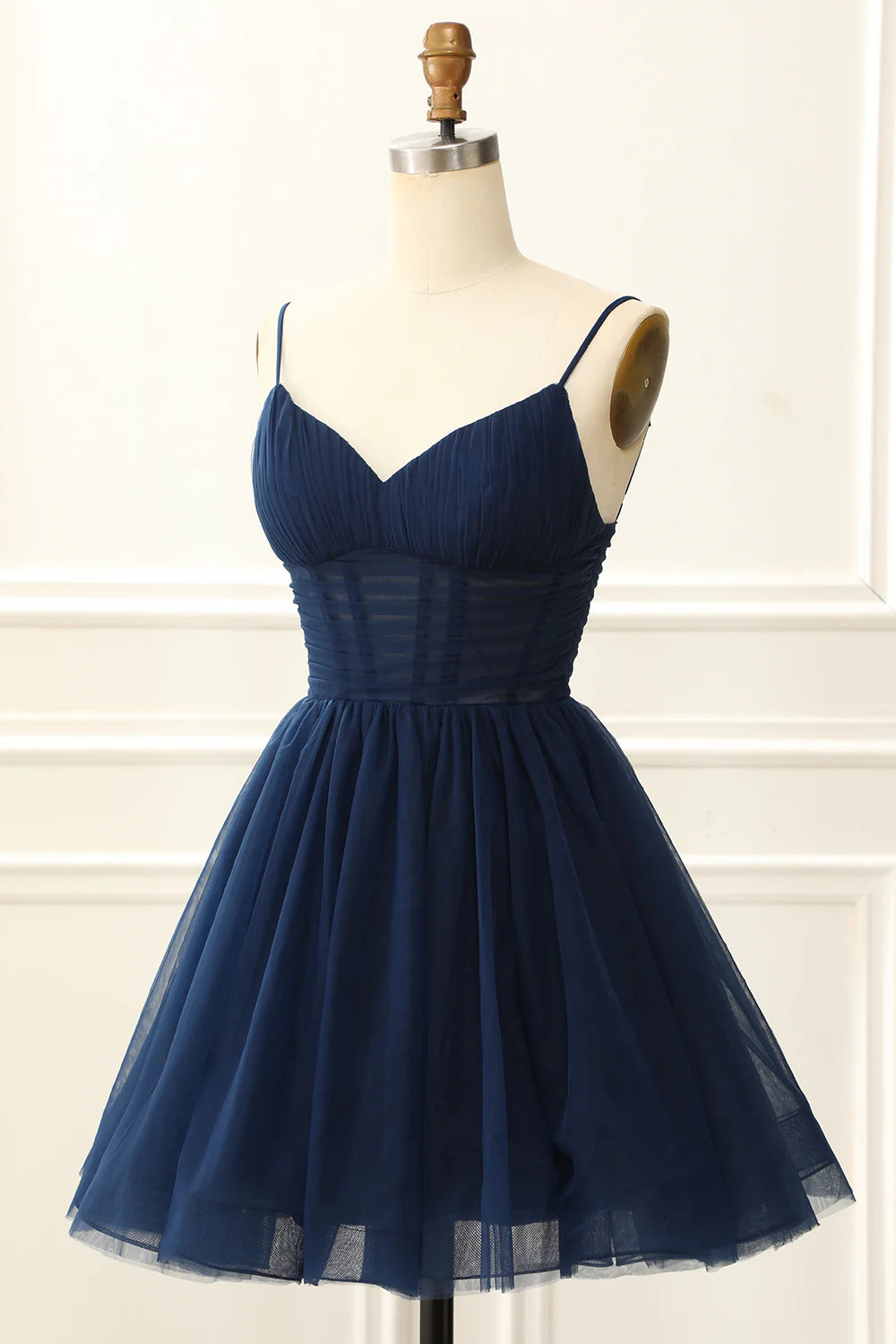 A Line Spaghetti Straps Tulle Corset Navy Homecoming Dresses