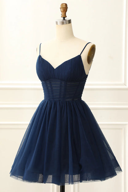 A Line Spaghetti Straps Tulle Corset Navy Homecoming Dresses