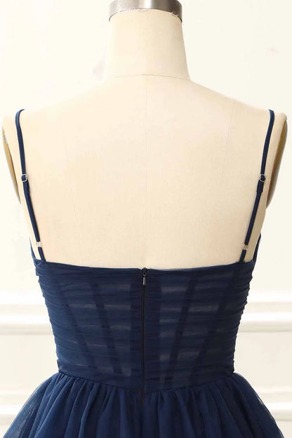 A Line Spaghetti Straps Tulle Corset Navy Homecoming Dresses