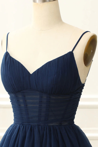 A Line Spaghetti Straps Tulle Corset Navy Homecoming Dresses