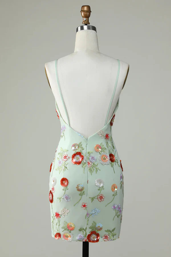 Sheath Olive Spaghetti Straps  Homecoming Dress With Embroidery