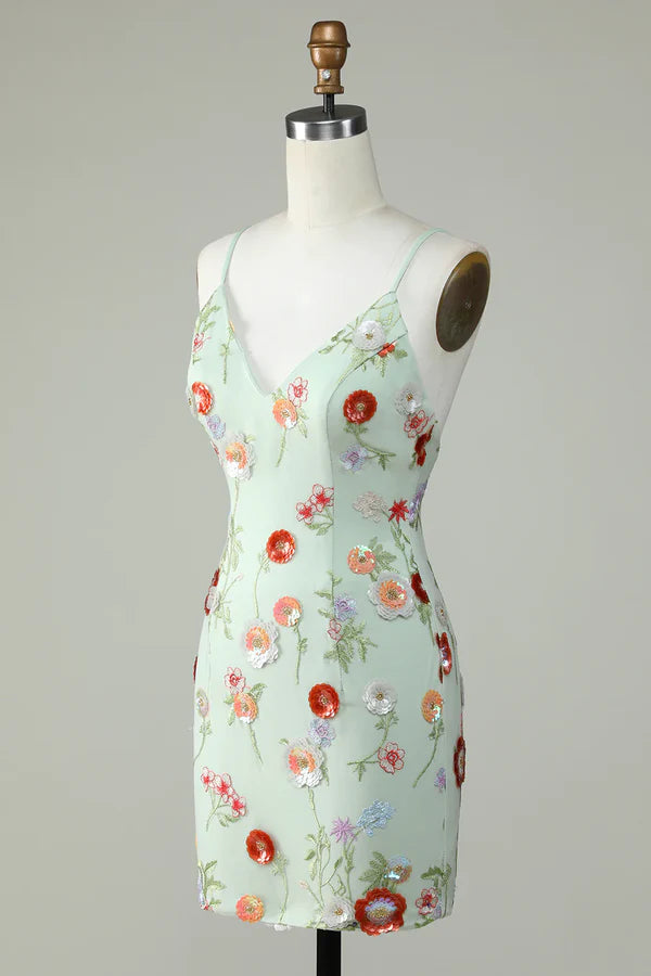 Sheath Olive Spaghetti Straps  Homecoming Dress With Embroidery