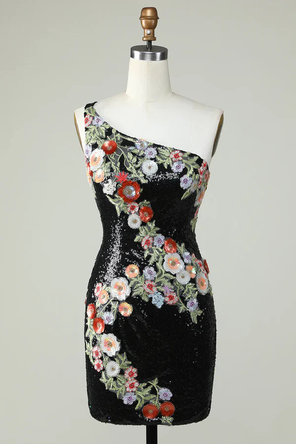 Sheath One Shoulder Sequins Homecoming Dress With Flowers