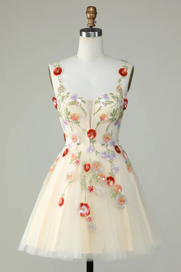 A Line Tulle Sparkly Homecoming Dress With Sequin Flowers