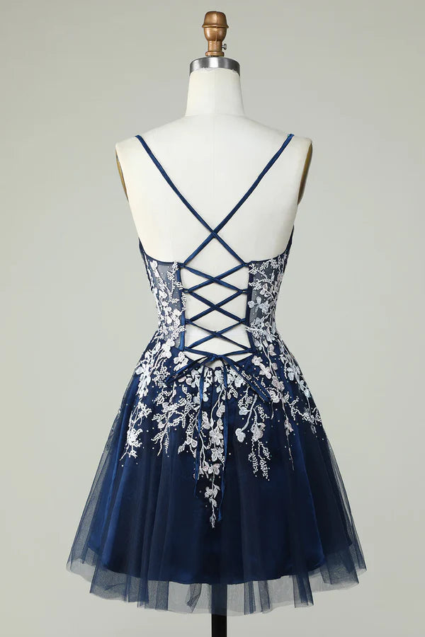 A Line Spaghetti Straps Cute Corset  Homecoming Dress With Appliques