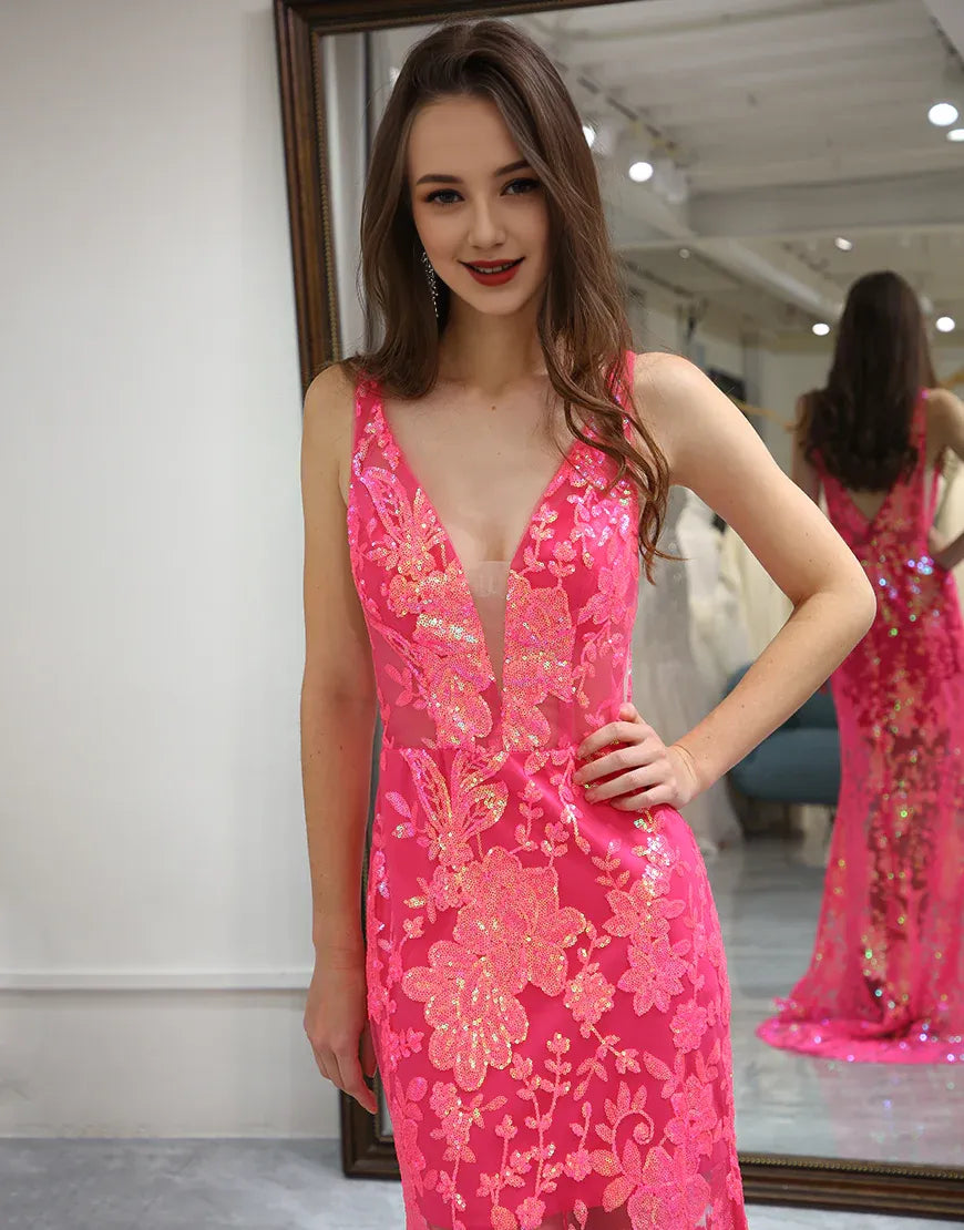 Mermaid Fuchsia Low V Neck Sequins Long Prom Dress