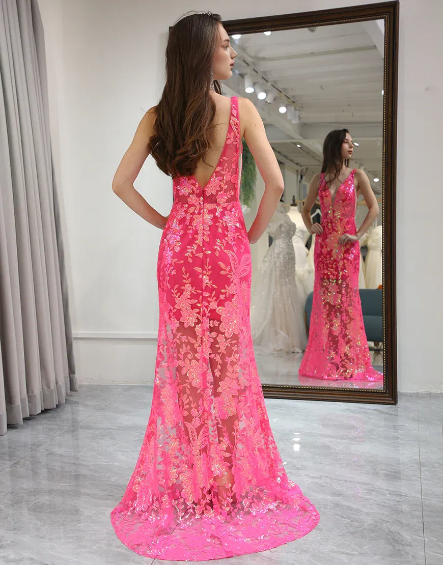 Mermaid Fuchsia Low V Neck Sequins Long Prom Dress