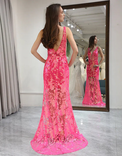 Mermaid Fuchsia Low V Neck Sequins Long Prom Dress
