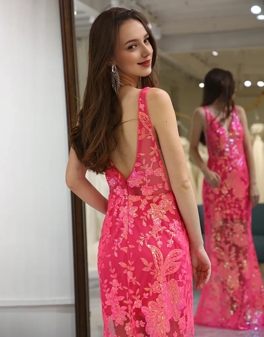Mermaid Fuchsia Low V Neck Sequins Long Prom Dress