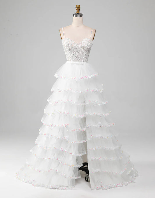 A-Line Lace Glitter White Long Prom Dress with Slit