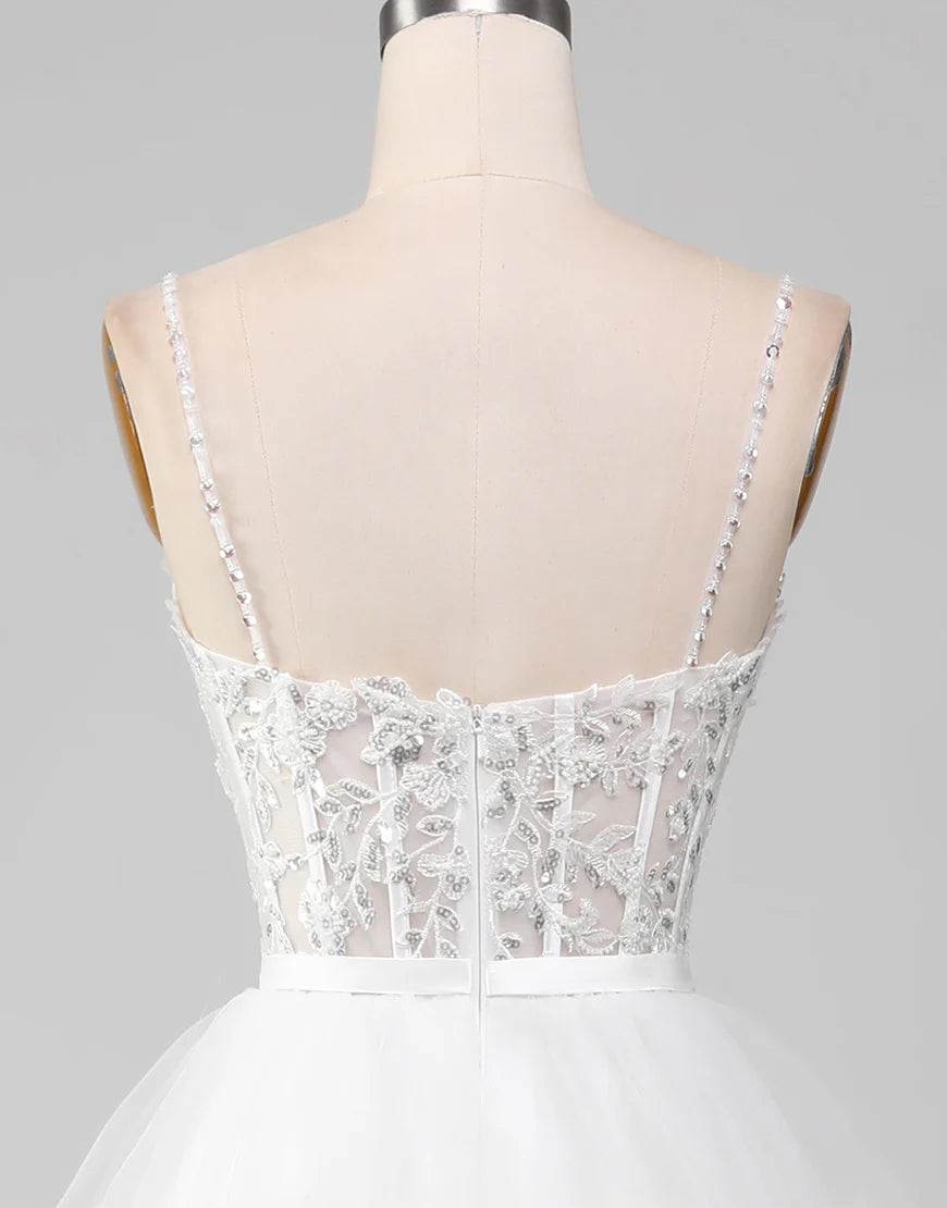 A-Line Lace Glitter White Long Prom Dress with Slit