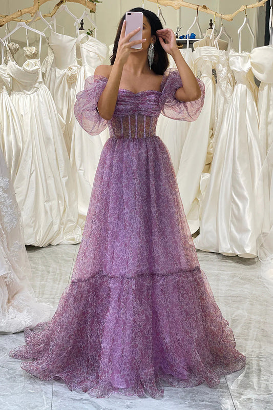 A-Line Square Neck Corset Prom Dress With Half Sleeves