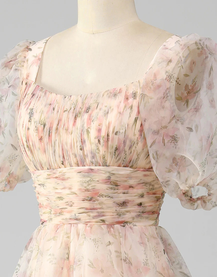 A-Line Long Wrinkles Tiered Print Prom Dress