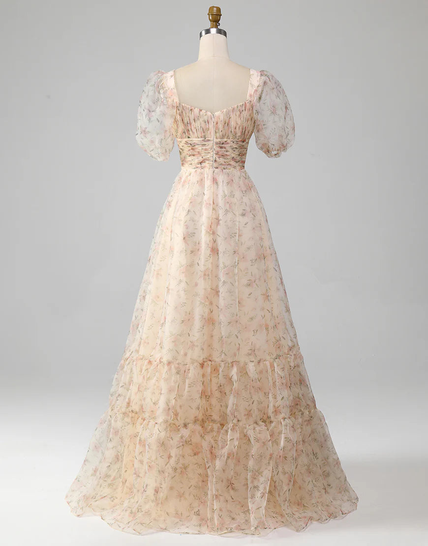 A-Line Long Wrinkles Tiered Print Prom Dress