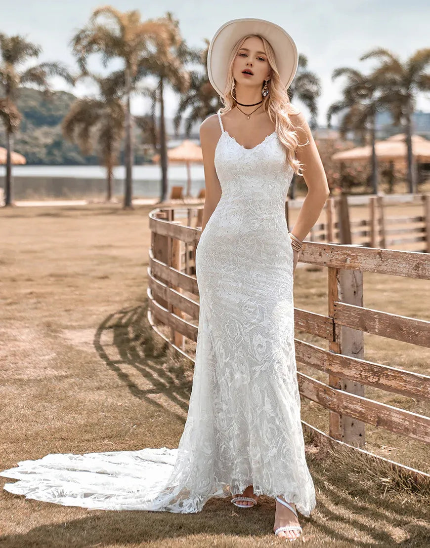 Mermaid Spaghetti Straps Lace Ivory Sweep/Brush Train Wedding Dresses