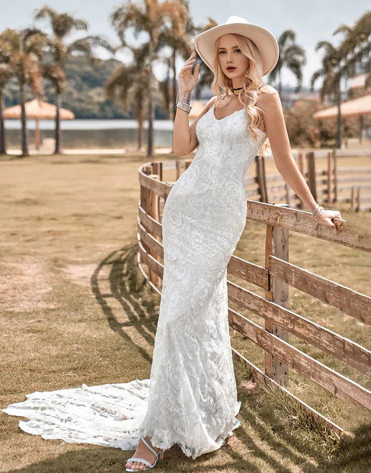 Mermaid Spaghetti Straps Lace Ivory Sweep/Brush Train Wedding Dresses