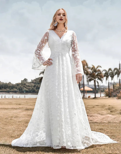 A Line V Neck Iong Sleeve Lace Flare Sleeves Wedding Dress