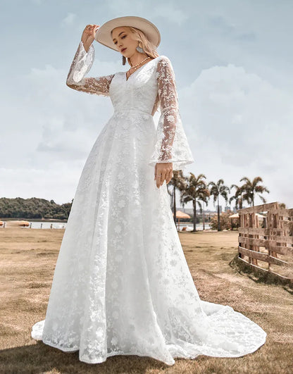 A Line V Neck Iong Sleeve Lace Flare Sleeves Wedding Dress