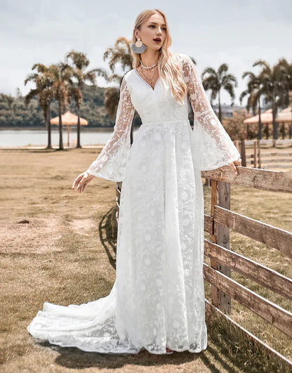 A Line V Neck Iong Sleeve Lace Flare Sleeves Wedding Dress