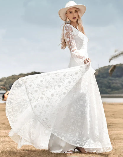 A Line V Neck Iong Sleeve Lace Flare Sleeves Wedding Dress