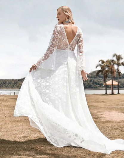 A Line V Neck Iong Sleeve Lace Flare Sleeves Wedding Dress