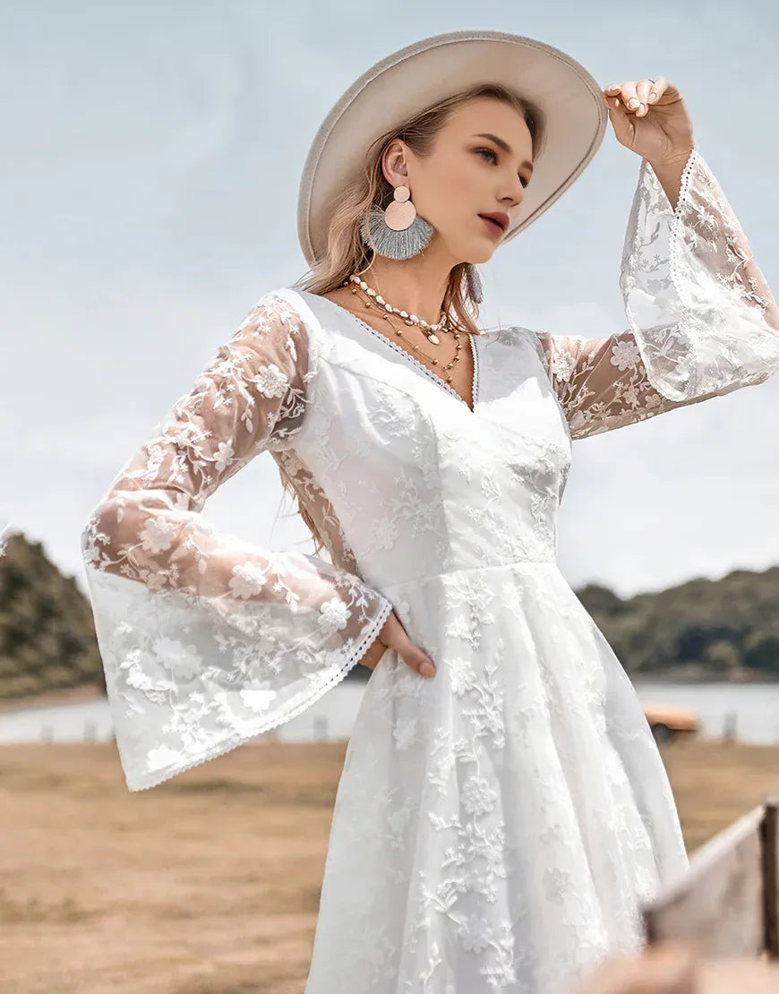 A Line V Neck Iong Sleeve Lace Flare Sleeves Wedding Dress