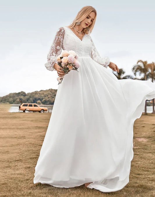 A Line  Lace Long Sleeve V Neck Ivory Chiffon Sweep Train Boho Wedding Dress