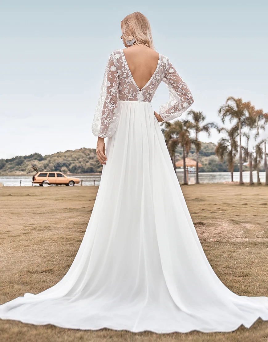 A Line  Lace Long Sleeve V Neck Ivory Chiffon Sweep Train Boho Wedding Dress