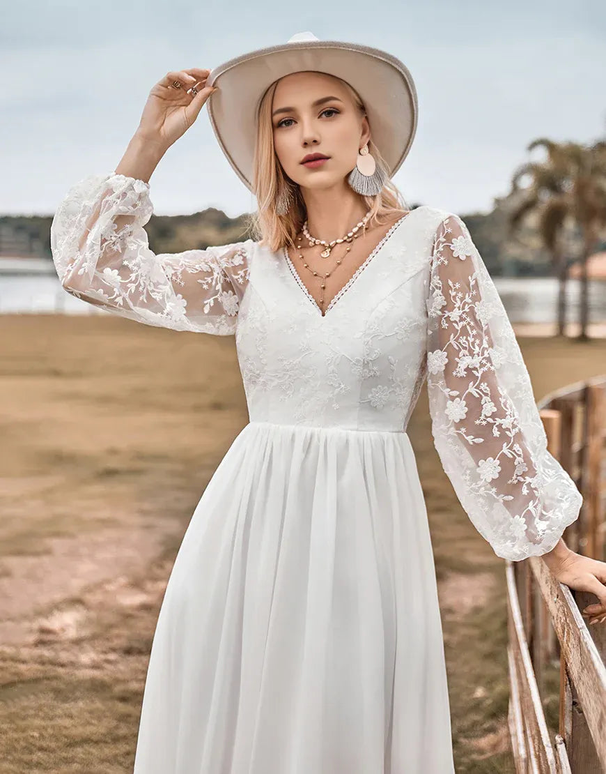 A Line  Lace Long Sleeve V Neck Ivory Chiffon Sweep Train Boho Wedding Dress