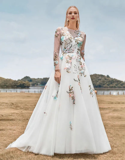 Tulle Long Sleeves Long Ivory Wedding Dress with Embroidery