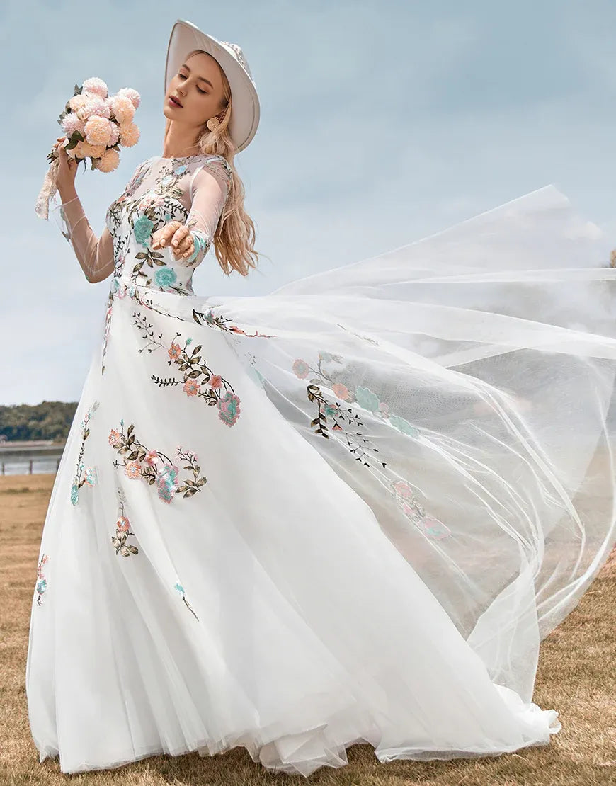 Tulle Long Sleeves Long Ivory Wedding Dress with Embroidery