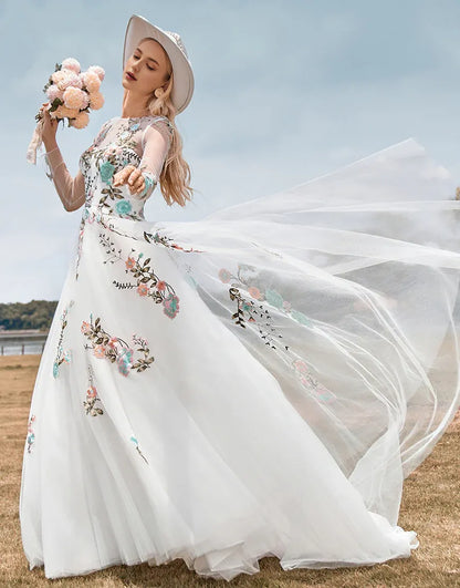 Tulle Long Sleeves Long Ivory Wedding Dress with Embroidery