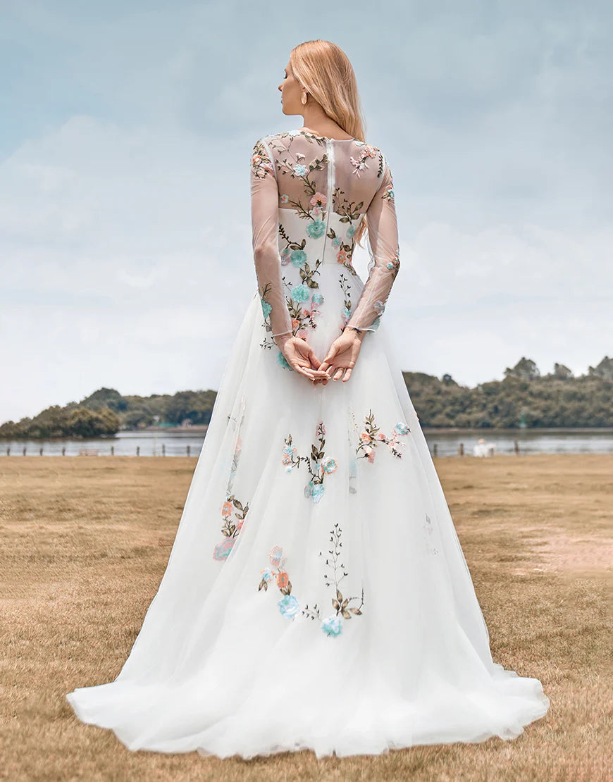 Tulle Long Sleeves Long Ivory Wedding Dress with Embroidery