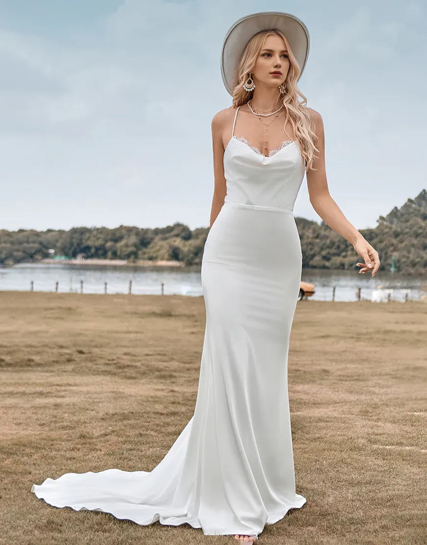 Backless Simple Spaghetti Straps White Bridal Dress