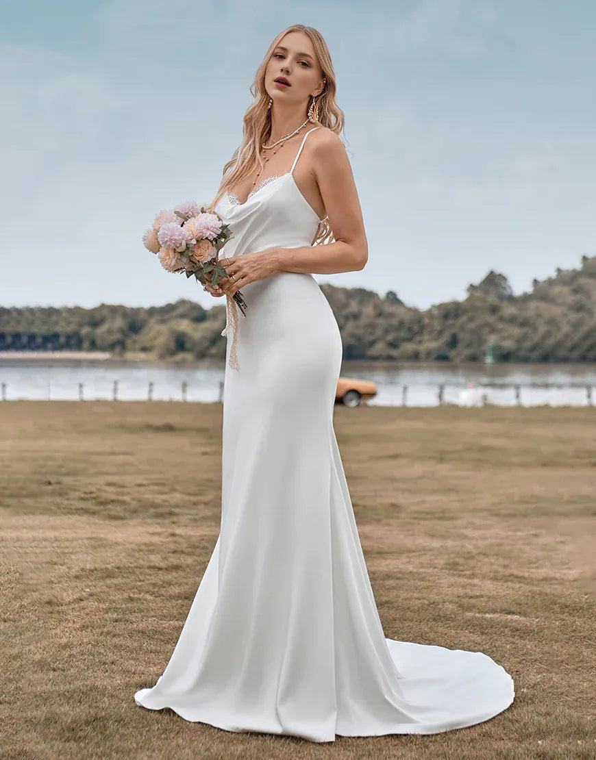 Backless Simple Spaghetti Straps White Bridal Dress