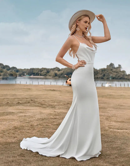 Backless Simple Spaghetti Straps White Bridal Dress