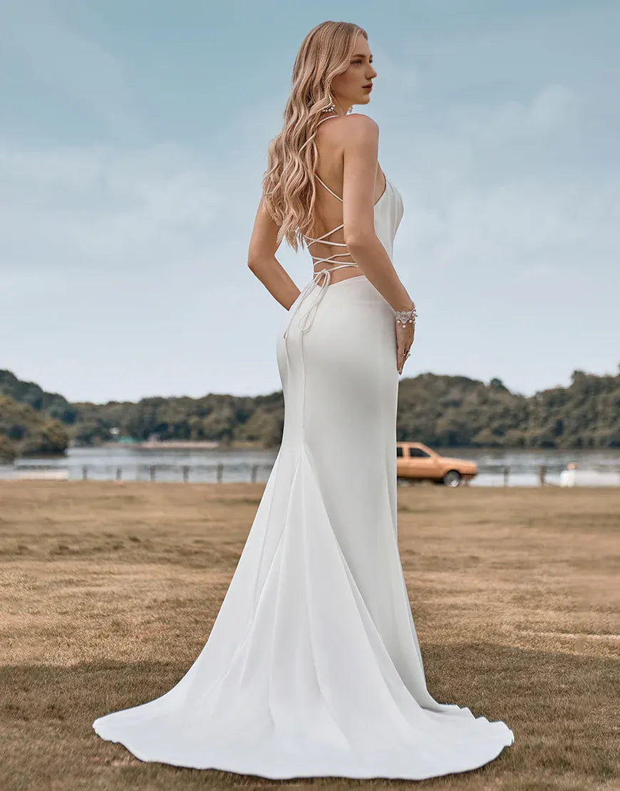 Backless Simple Spaghetti Straps White Bridal Dress