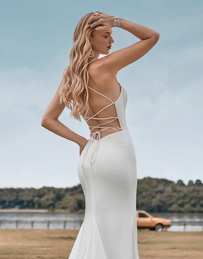 Backless Simple Spaghetti Straps White Bridal Dress