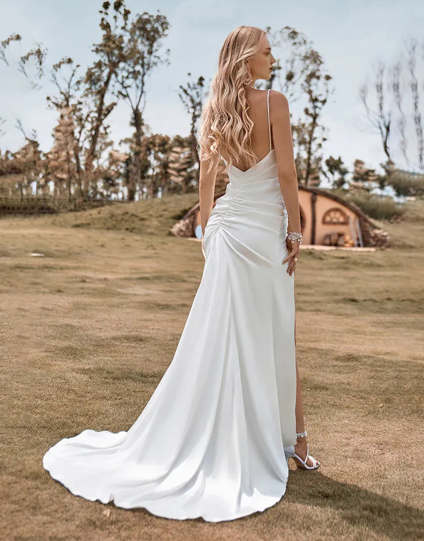 Mermaid Spaghetti Straps Boho Satin Simple Wedding Dress with Slit